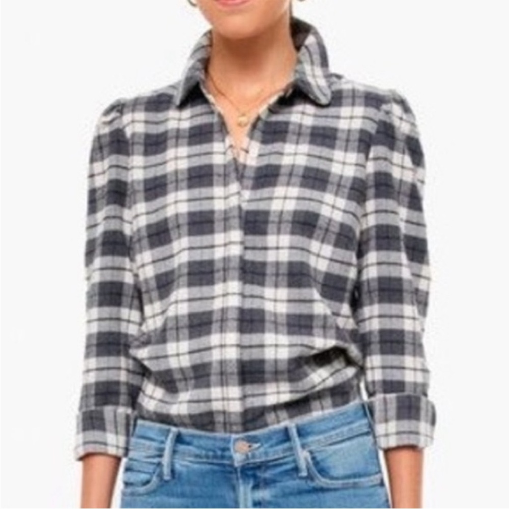 Tuckernuck Saranac Puff Sleeve Plaid Flannel Button Up Blouse